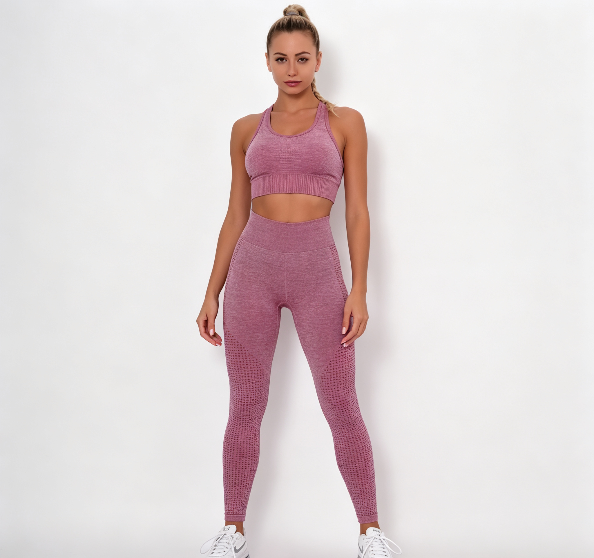 hdfish pink seamless gym outfit with supportive sports bra and compression leggings
