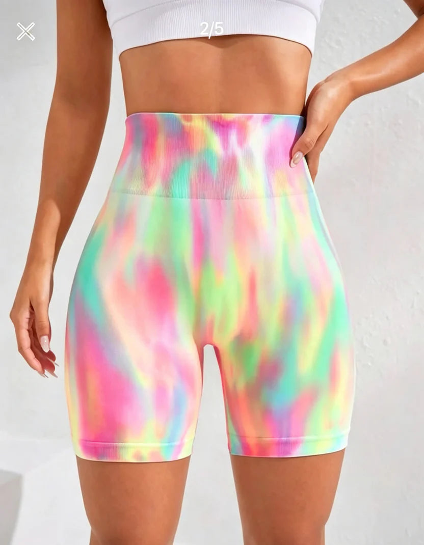 Hdfish Tie-Dye Seamless High-Waist Workout Shorts - Rainbow Pastel Front View