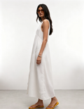 Hdfish White Sleeveless Drawstring Ruched Midi Dress Loose Fit Casual Cotton Dress OEM ODM Custom