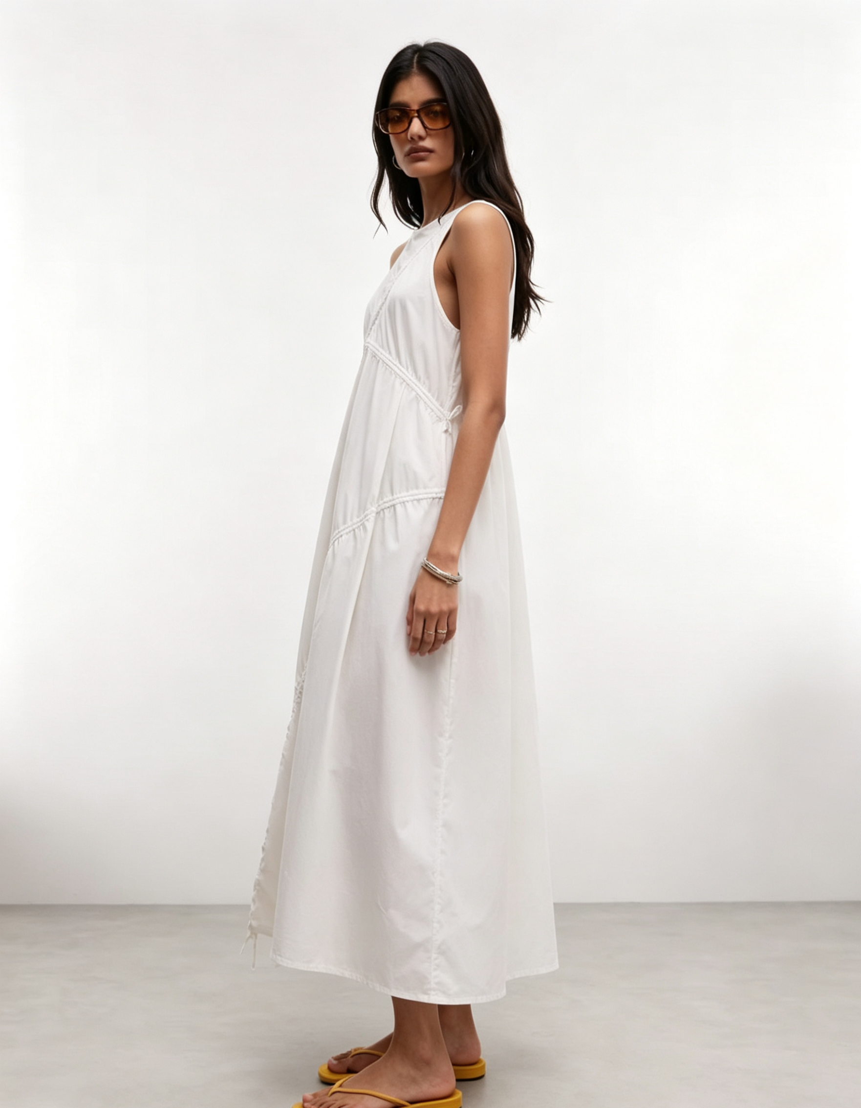 Hdfish Women's White Sleeveless Midi Dress with Diagonal Drawstring Ruched Details Casual Wear