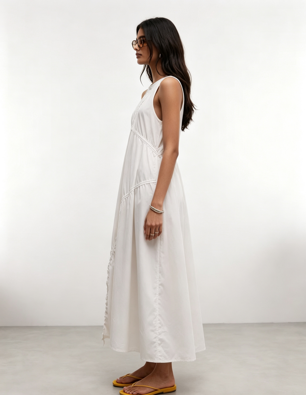 Hdfish Loose Fit White Cotton Midi Dress Sleeveless Drawstring Ruched Casual Dress ODM