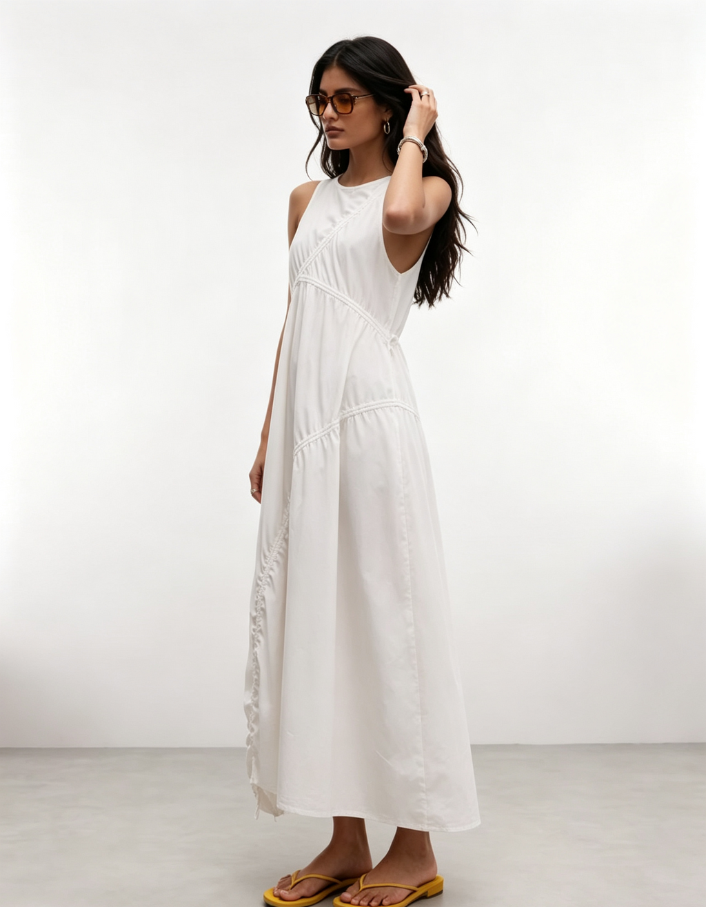 Hdfish Casual White Drawstring Ruched Midi Dress Sleeveless Loose Fit Cotton Dress OEM Custom