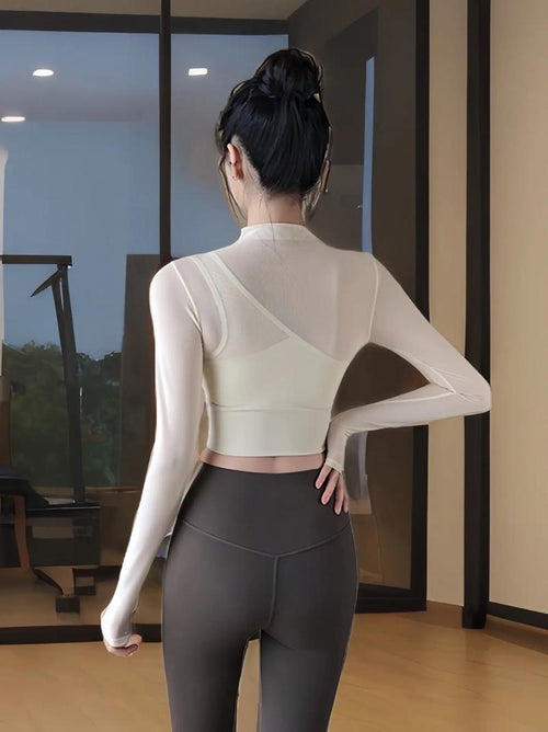 hdfish beige sheer mesh workout outfit, long sleeve thumb-hole top with built-in sports bra