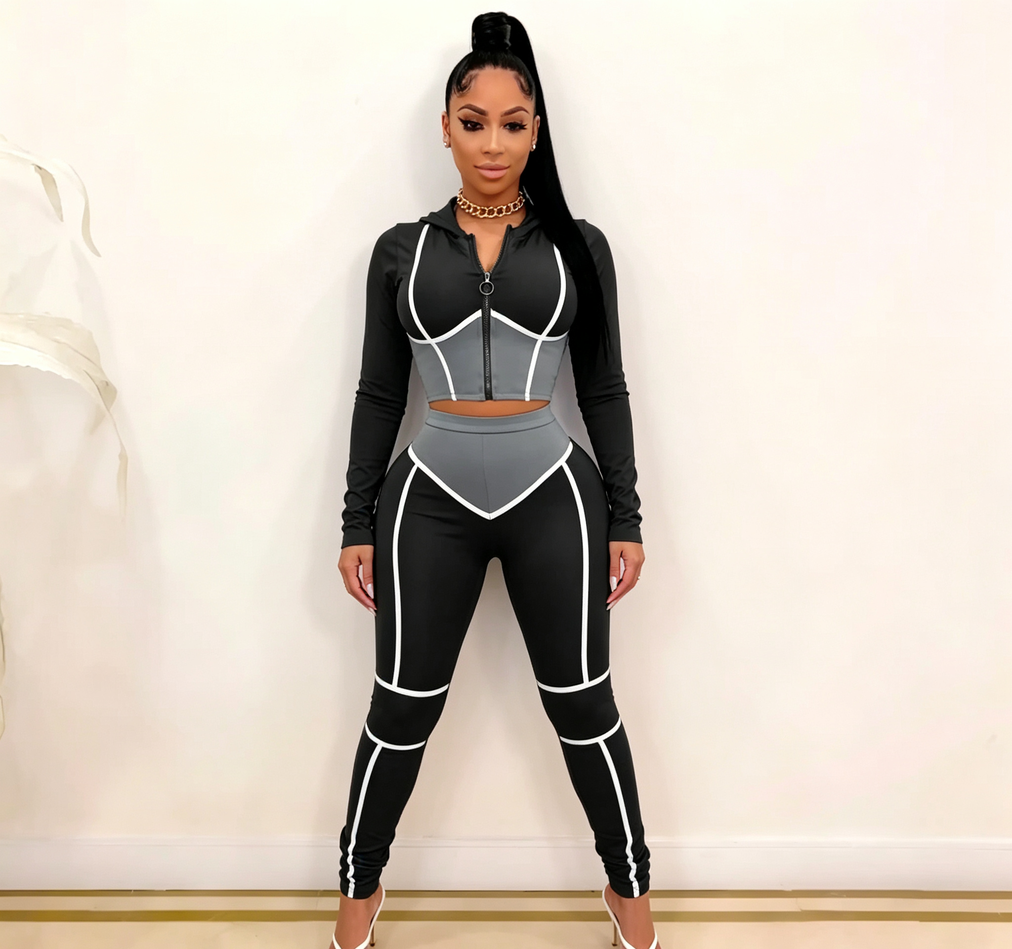 hdfish women's black and grey colorblock workout set, hooded zip-up jacket with corset-style design and high-waist leggings