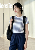 hdfish women's casual outfit: white and navy striped short-sleeve t-shirt with navy blue drawstring pants