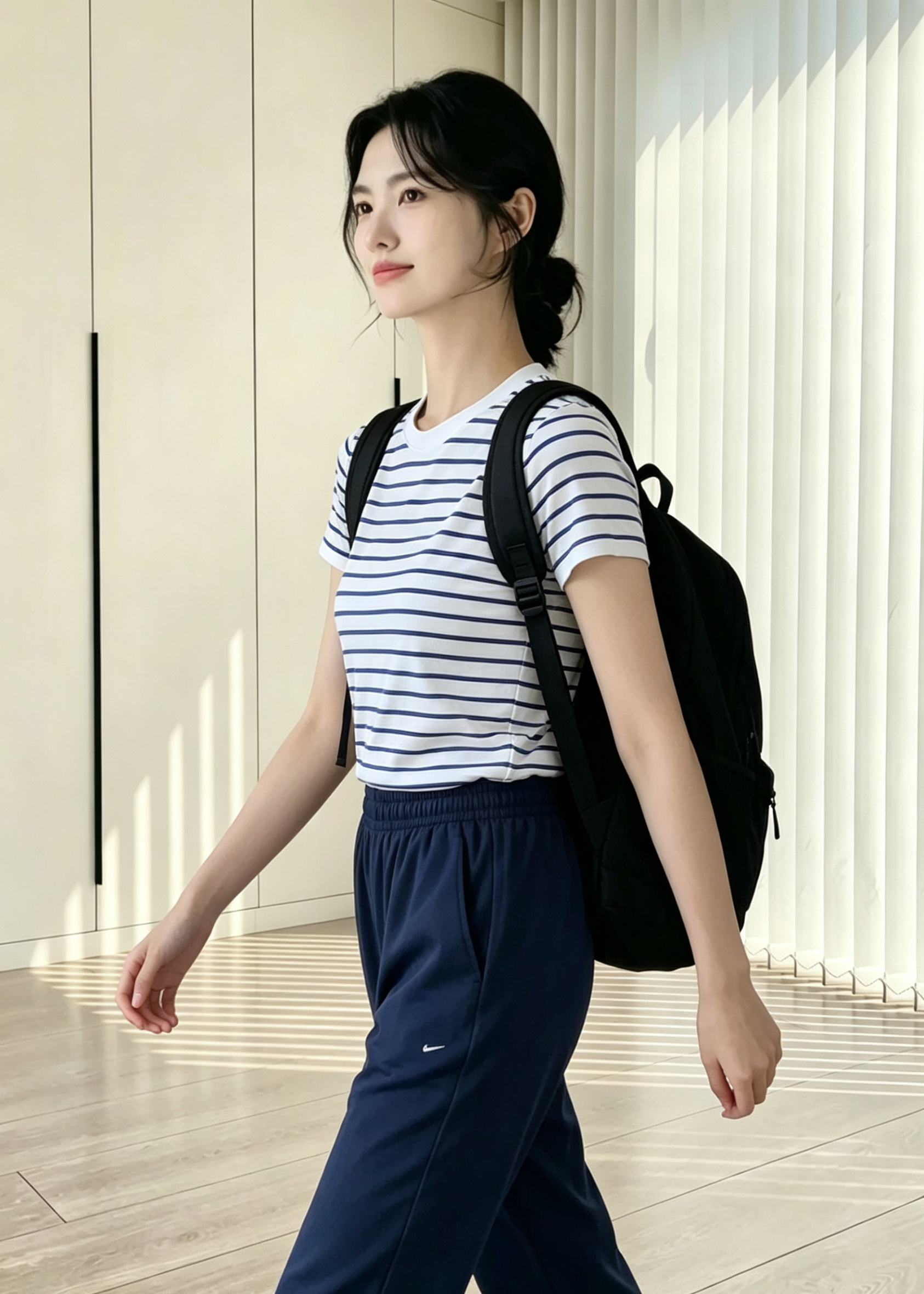  hdfish casual striped t-shirt set, women's navy blue pants with elastic waist for relaxed street style