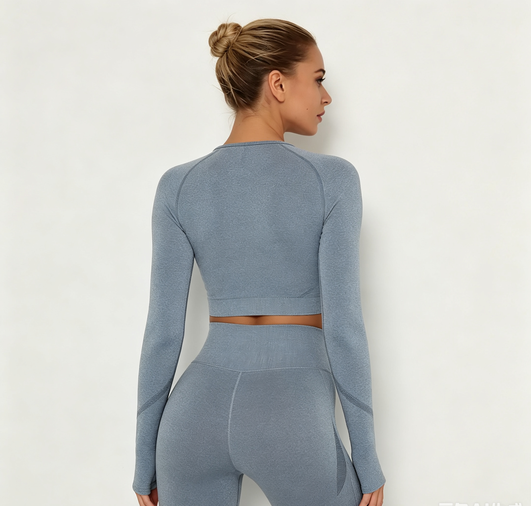 hdfish heather blue yoga set, seamless long-sleeve top with thumb holes and contour-fit leggings