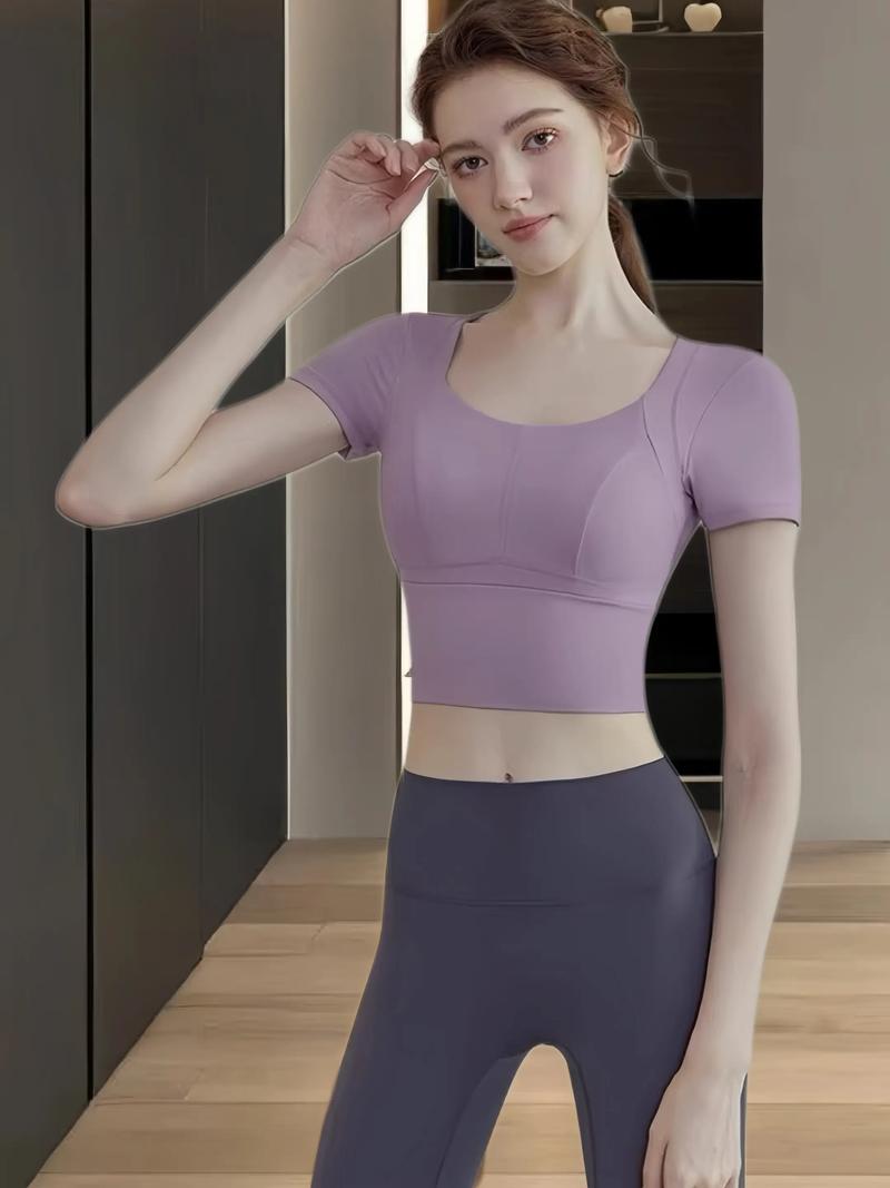  hdfish women's form-fitting lavender sports set, square-neck short sleeve top and leggings
