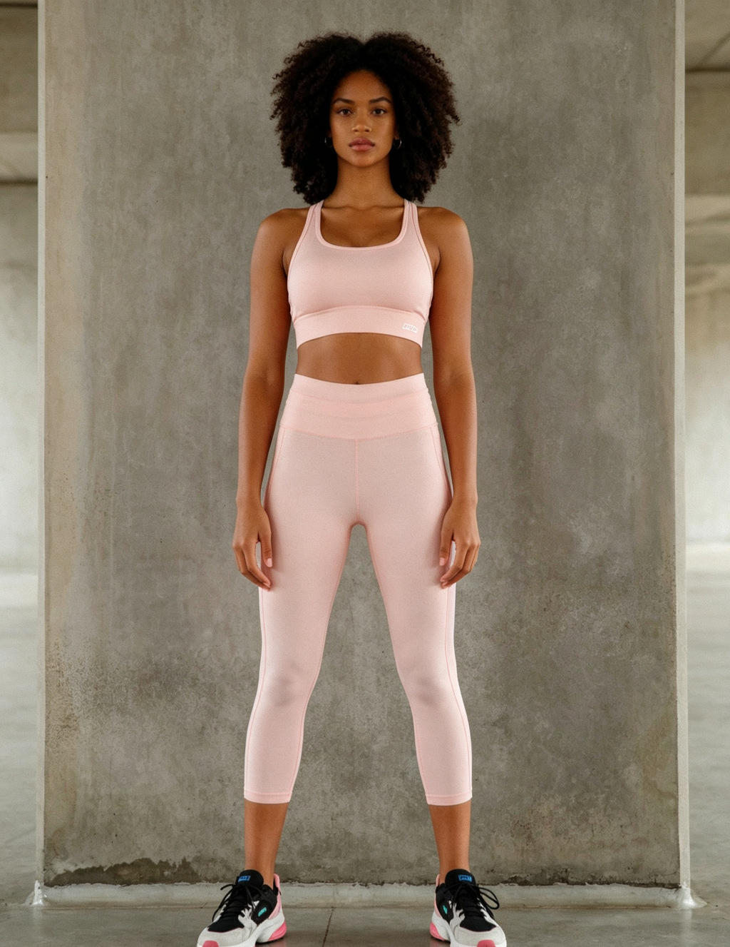 hdfish back view of pink athletic set, showing racerback sports bra and high-rise leggings design