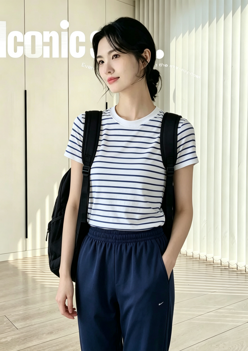 hdfish women's everyday wear, classic blue-and-white striped tee paired with loose navy athletic pants