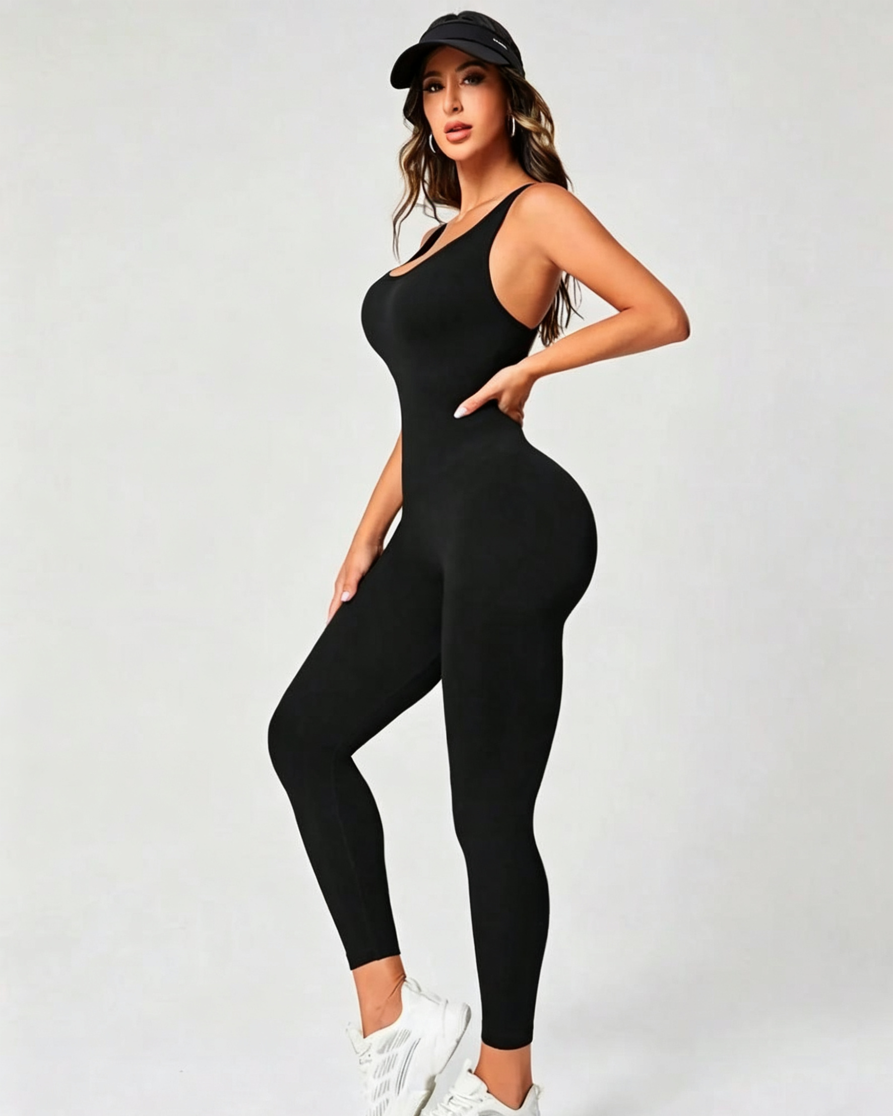  hdfish women's full-length black athletic jumpsuit, ribbed fabric with racerback tank top style