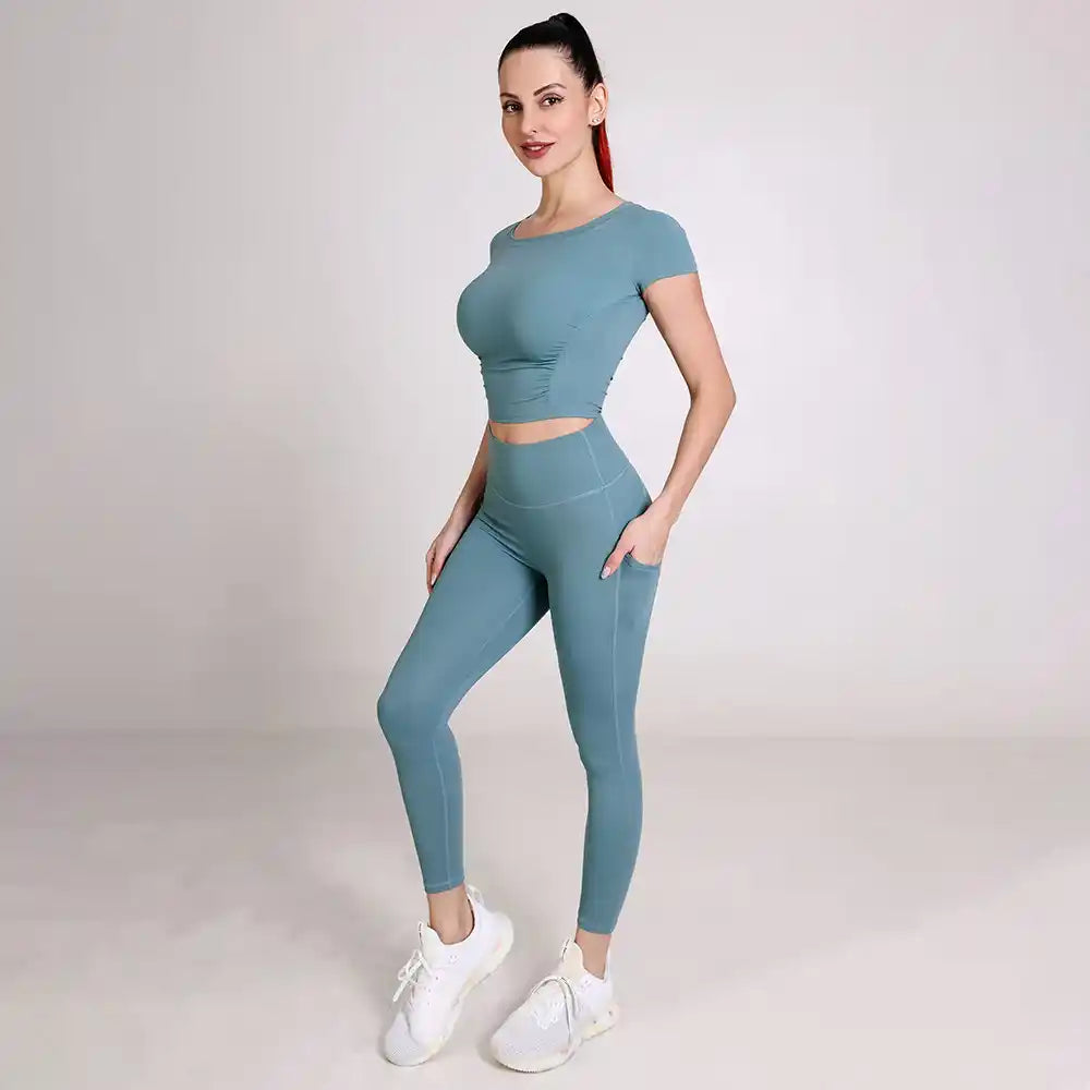 hdfish seamless teal workout set, short-sleeve top with ruched detailing and full-length leggings