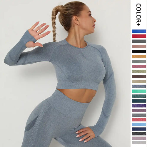 hdfish soft heather blue athletic outfit, form-fitting long-sleeve crop top and high-waist leggings
