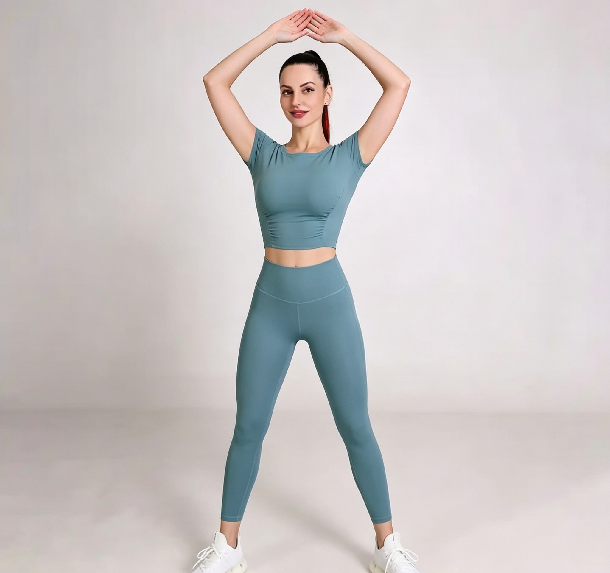 hdfish women's teal yoga set, featuring a ruched short-sleeve crop top and high-waist leggings