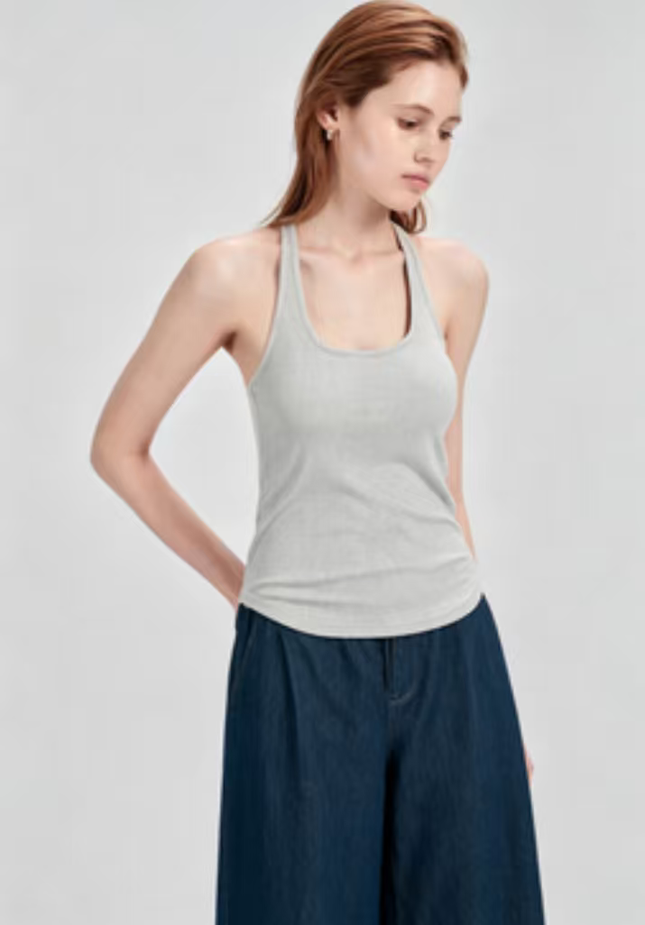 ODM Private Label Solid Color Stretch Rib Knit Halter Sleeveless Cami Top